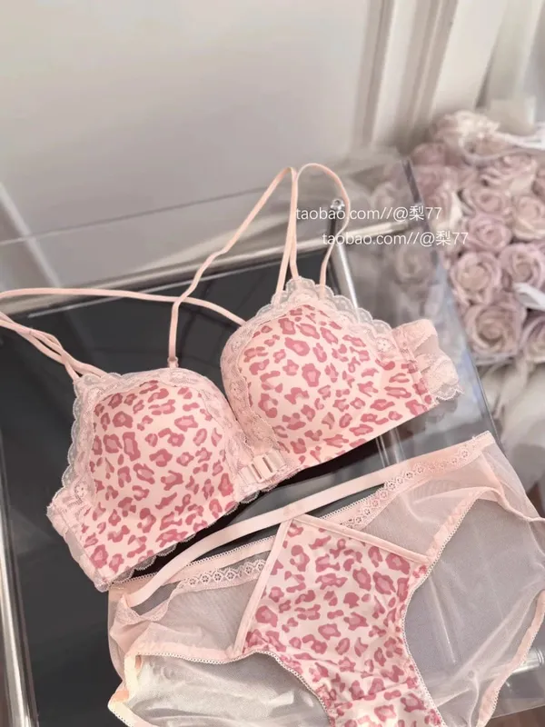 Leopard Print Front Button Bra Set Push Up Petite Women Backless Sexy Lingerie for Party Gathering Enhance Bust Show Larger S-XL