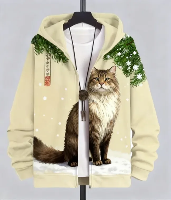 Sudadera con estampado de gato y Animal para hombre, chándal con estampado 3D de cremallera, Sudadera con capucha de manga larga a la moda, ropa Y2K