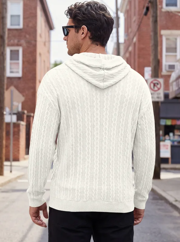 Men Thin Cable Knit Hooded Sweatshirt Drawstring Hood Kangaroo Pocket Long Sleeve Loose Casual Pullover Autumn Daily Street Tops