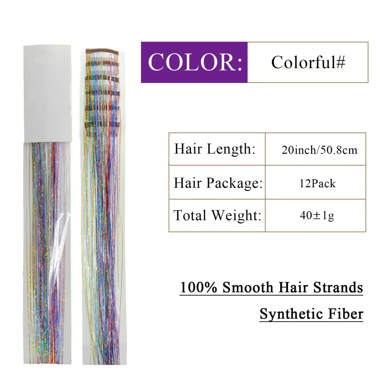 12PCs Clip in Hair Synthetic Tinsel Kit Holographic Hair Tinsel Shining Gold Professional Sparkle Heat-Resistant Silk Extensions