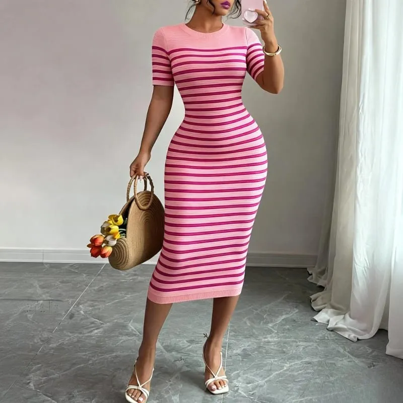 Women's Black Striped Crew Neck Short Sleeve Stretchy Knit Midi Dress Bodycon Sundress Casual Summer Daily Party Dress Outfits — image 3