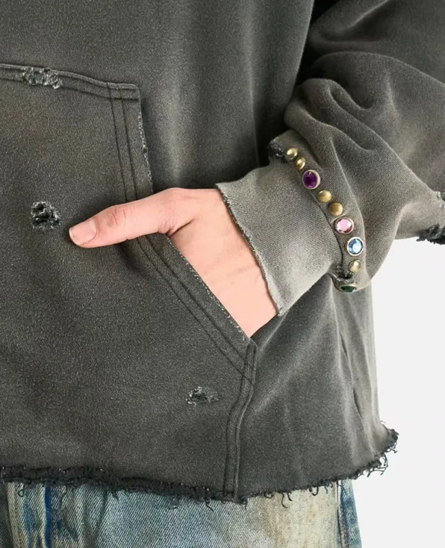 26SS Autumn Winter New Arrival Satoshi Nakamoto Hooded Sweatshirts Destructo Studded Washed Cotton Hooded Unisex Pullover