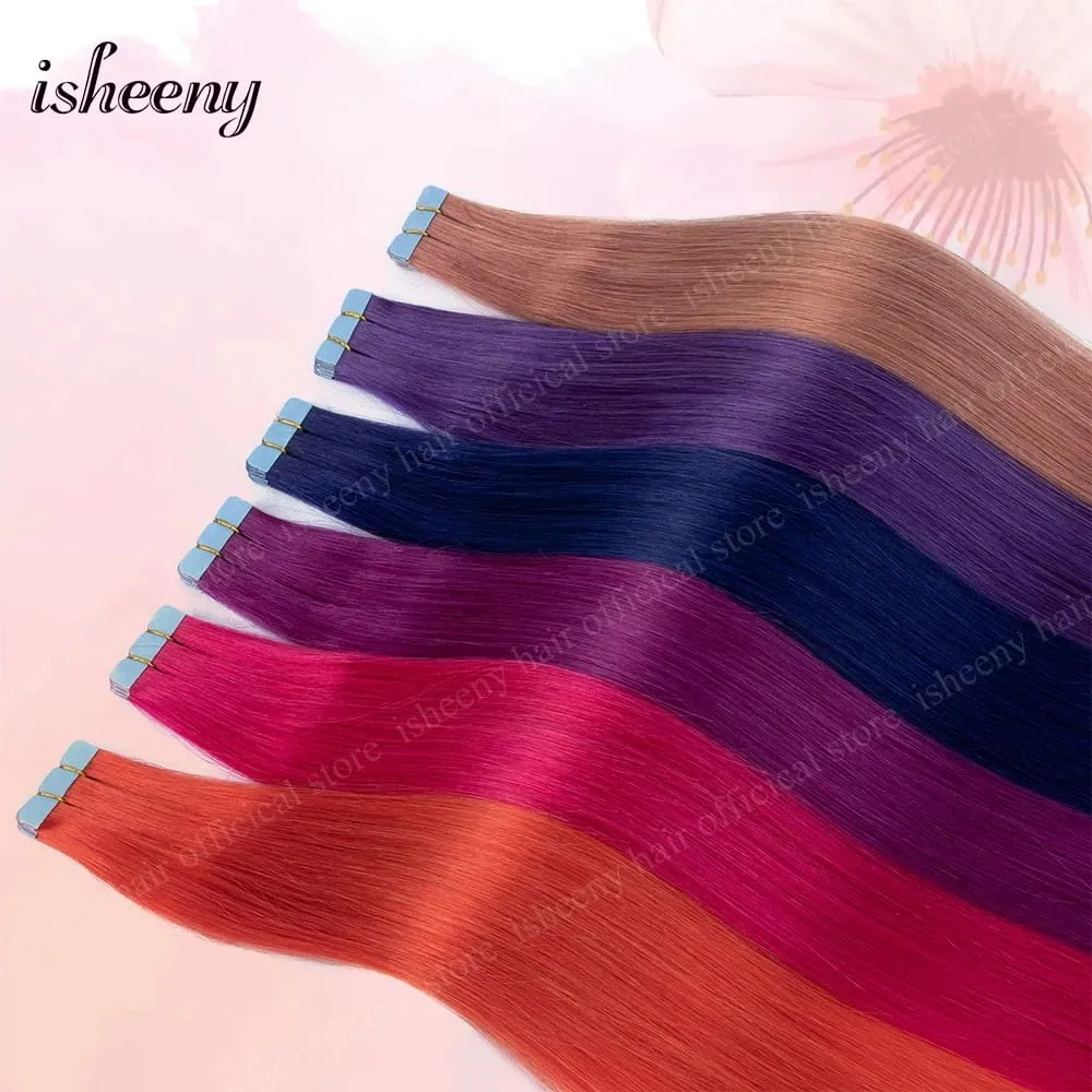 Isheeny 12' 16' 20' Tape In Hair Extensions Invisible Adhesive Tape In Hair Extension 10pcs/pack Pink Purple Blue Colorful Hair
