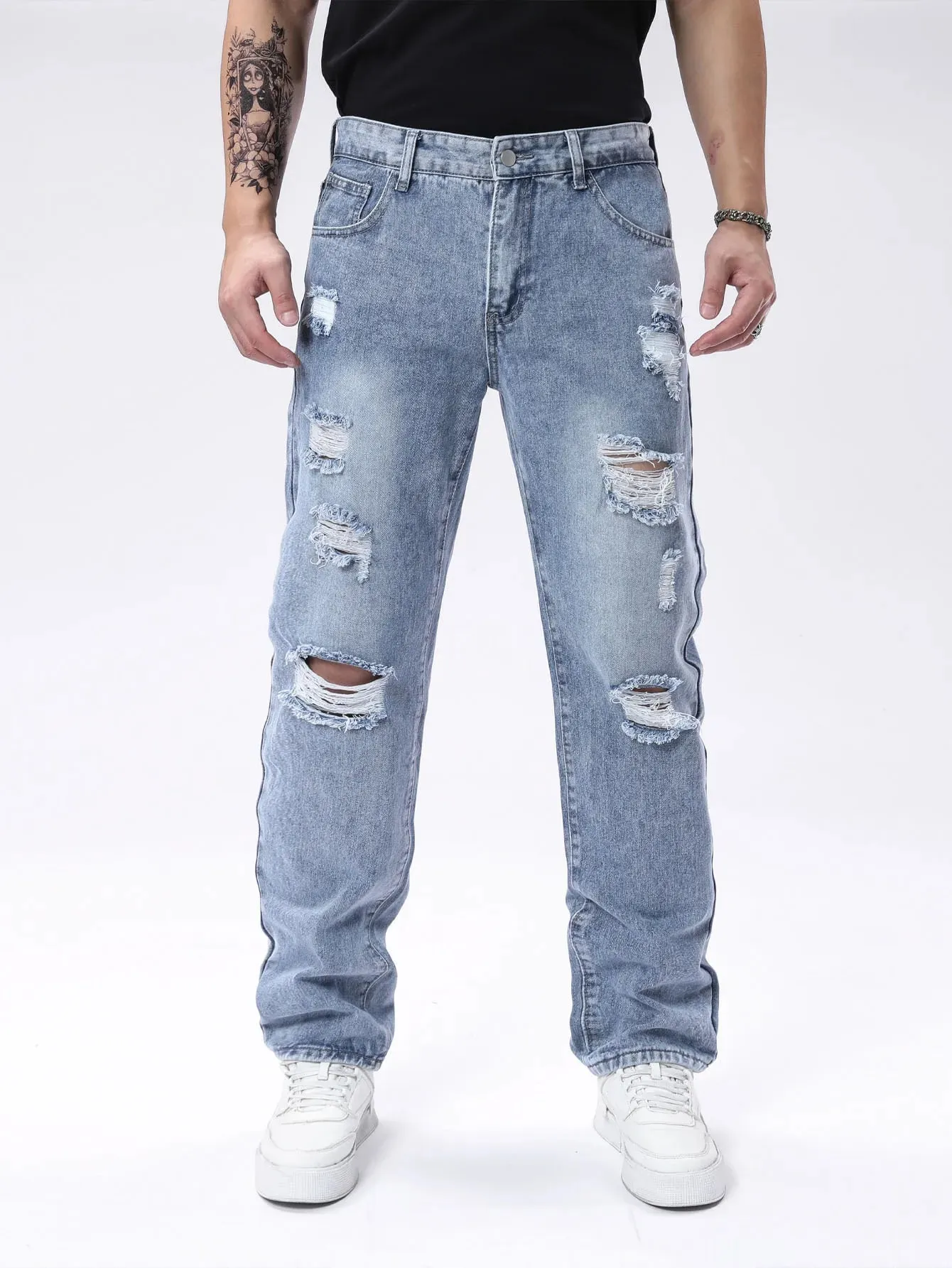 Light Blue Washed Ripped Frayed Denim Jeans For Men Non Stretch Straight Leg Loose Baggy Distressed Pants Vintage Y2K Hip Hop Da