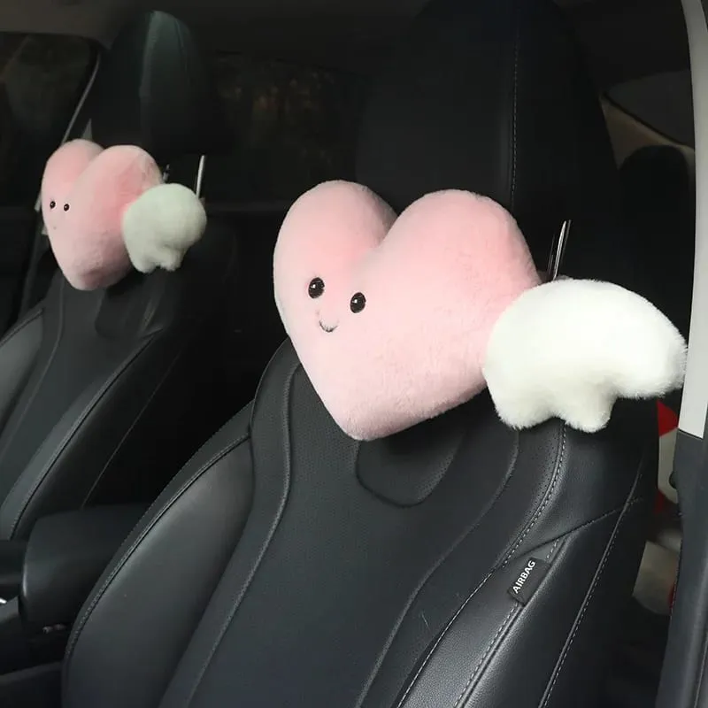 Cute Heart Angel Wings Car Neck Pillow Soft Plush Auto Headrest Pillow Universal Car Seat Head Support Cushion Decor Gift