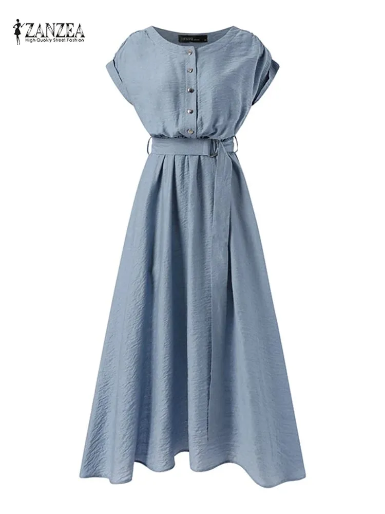 2025 ZANZEA Frauen Mode Kurzarm Kleid Sommer Elegante Party Vestidos Casual Mid-kalb Sommerkleid Femme Vintage OL Robe kaftan