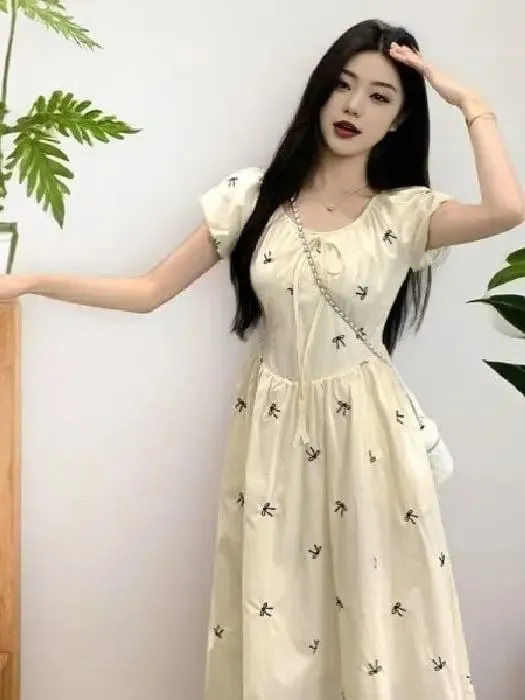 Summer New Floral Print Dress Bubble Sleeve Drawstring Waist Gown Women's Soft Style French Country Knot Dresses