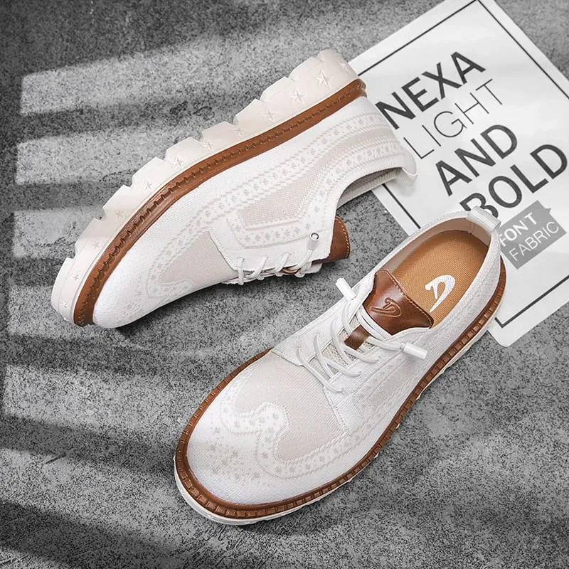 Men's Brogue Knit Oxford Sneakers Breathable Lightweight Casual Dress Walking Shoes Soft Cushion Non Slip Platform Fashion Sne