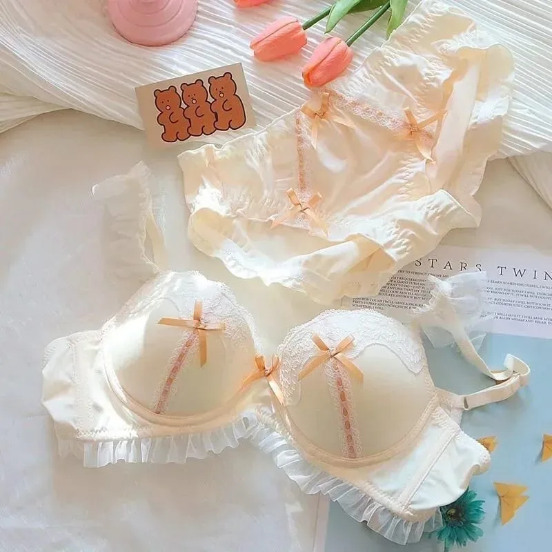 Set reggiseno e slip in pizzo rosa stile giapponese per donna Lingerie Reggiseni push up push up sexy con fiocco Bralette Mujer Slip reggiseno