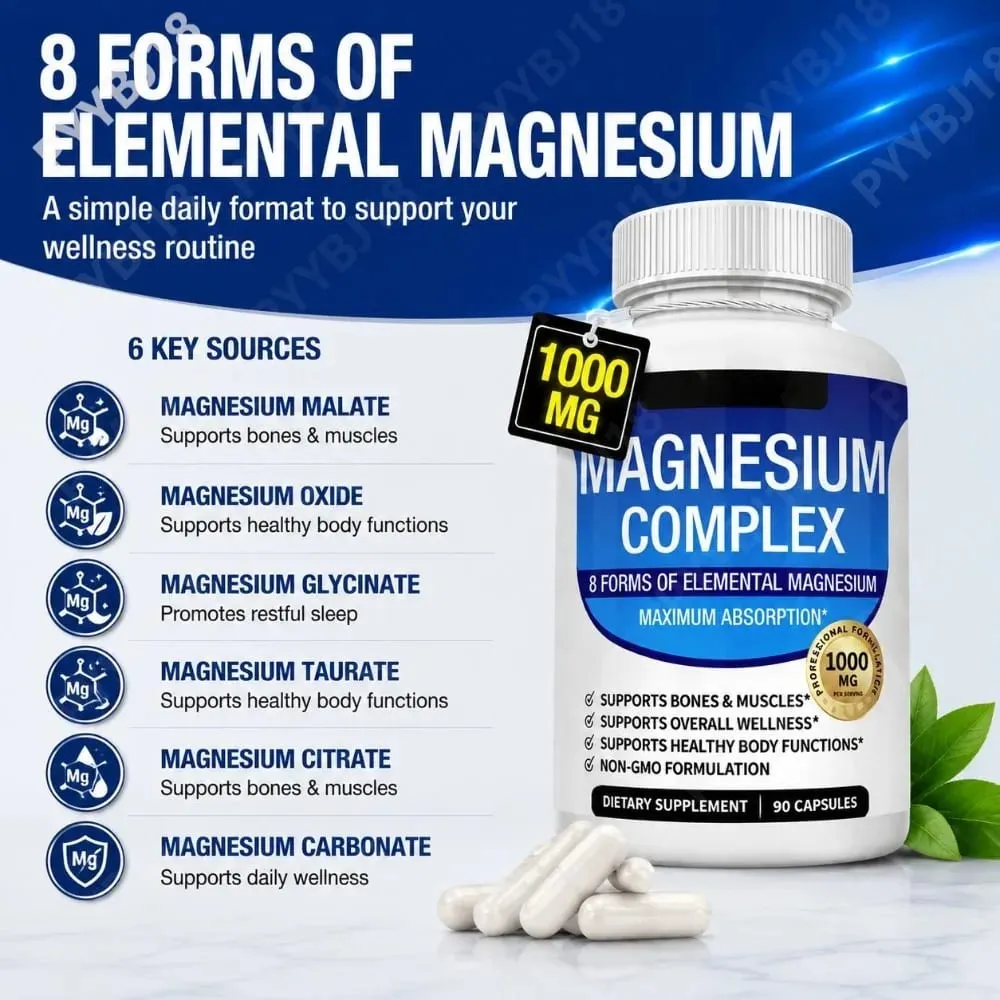 Magnesium Complex Capsules with 8 Forms of Magnesium Mineral Supplement for Bone & Muscle Support & Restful Sleep 90 Capsules