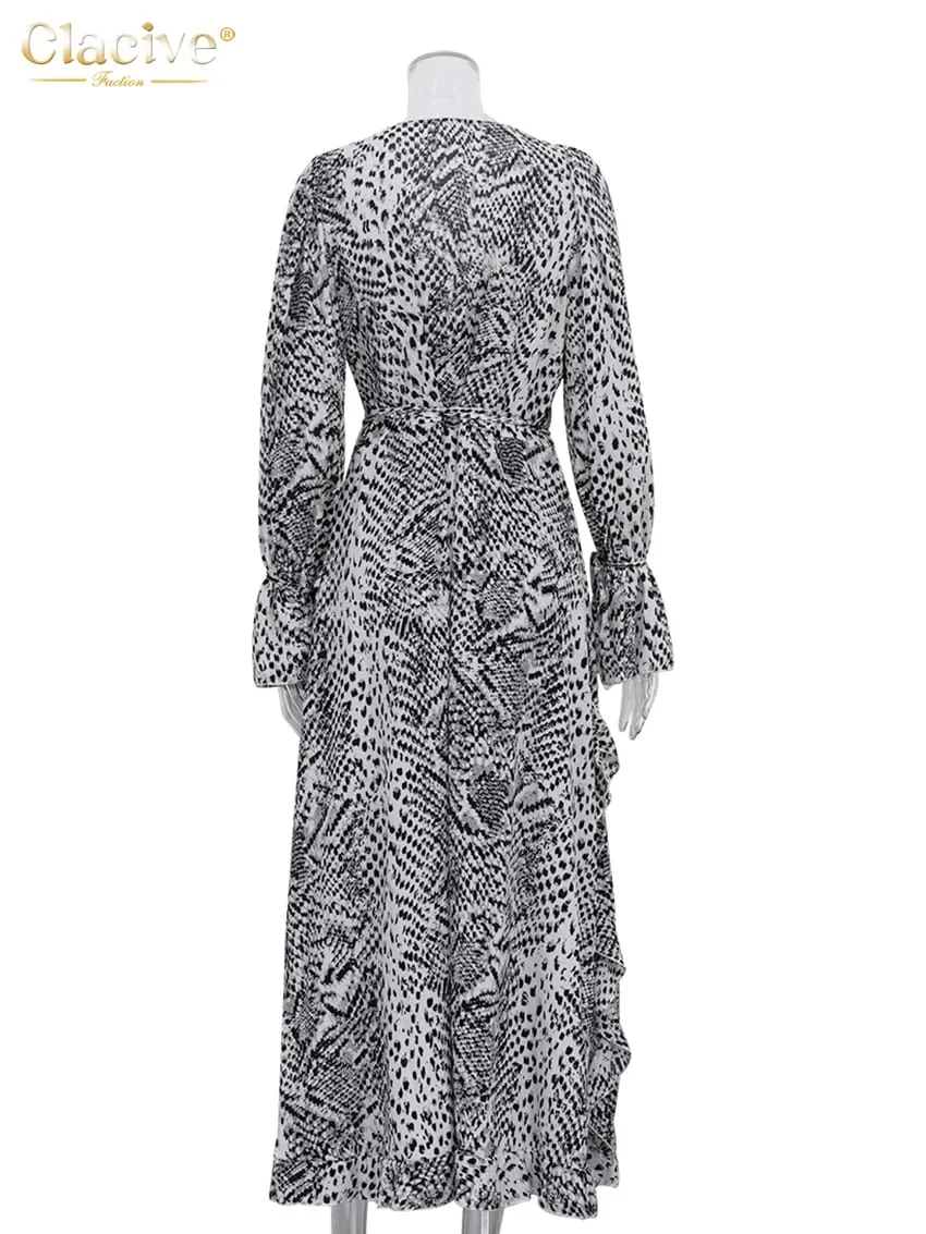 Clacive Fashion Loose Print Women's Dress 2025 Sexy V-Neck Long Sleeve Ankle Length Dresses Elegant Classic Ruffles Female Dress