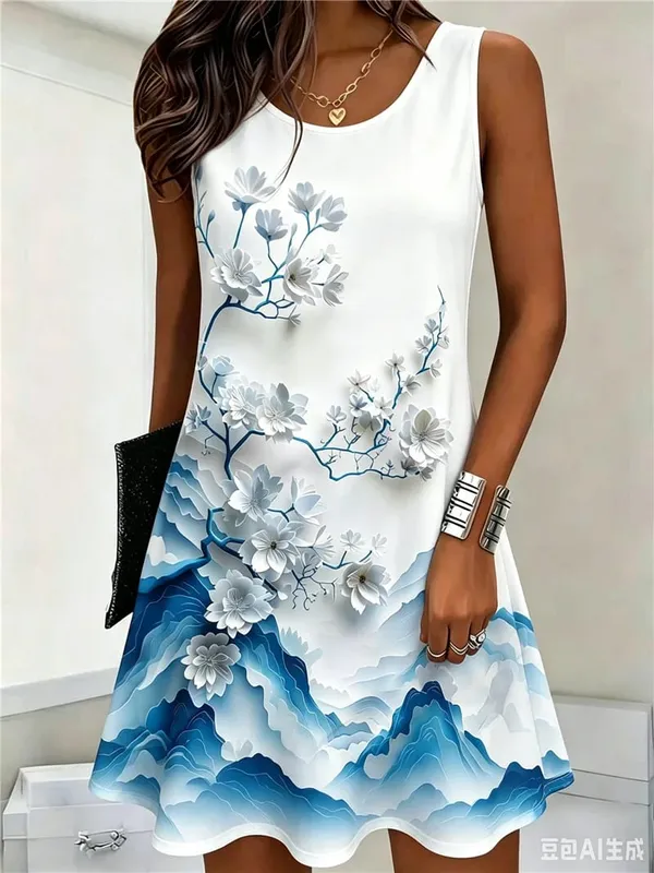Flower Pattern Women Mini Dresses Summer Sleeveless 3D Floral Printed Street Style Ladies Dress 3XL Plus Size Loose Casual Dress