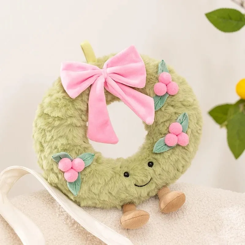 Sweet Green Wreath Plush Toy Stuffed Smiling Humanoid Pink Bow Tie Plushie Kawaii Home Decor Christmas Gift