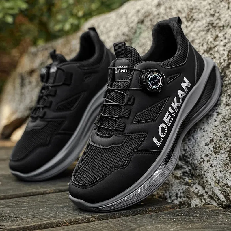 Men Rotary Buckle Running Sneakers Breathable Mesh Lightweight Cushion Sole Non Slip Daily Walking Shoes 2 Colors