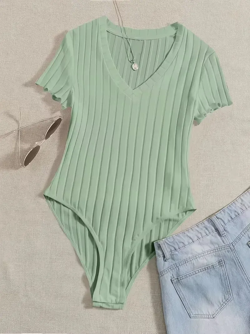 Lettuce Trim Ribbed Bodysuit Women's Sleeveless High Waist Bottom Control Shapewear for Slimming Effect