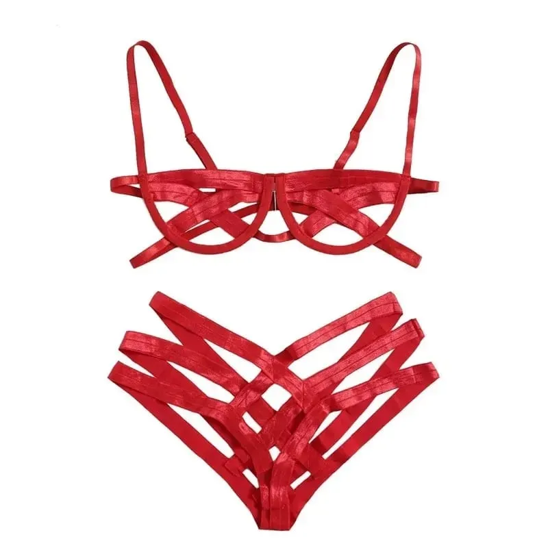Ensemble de Lingerie harnais de Bondage pour femmes, soutien-gorge élastique ajouré, soutien-gorge Cage sans bonnet noir, string, sous-vêtements exotiques intimes Sexy