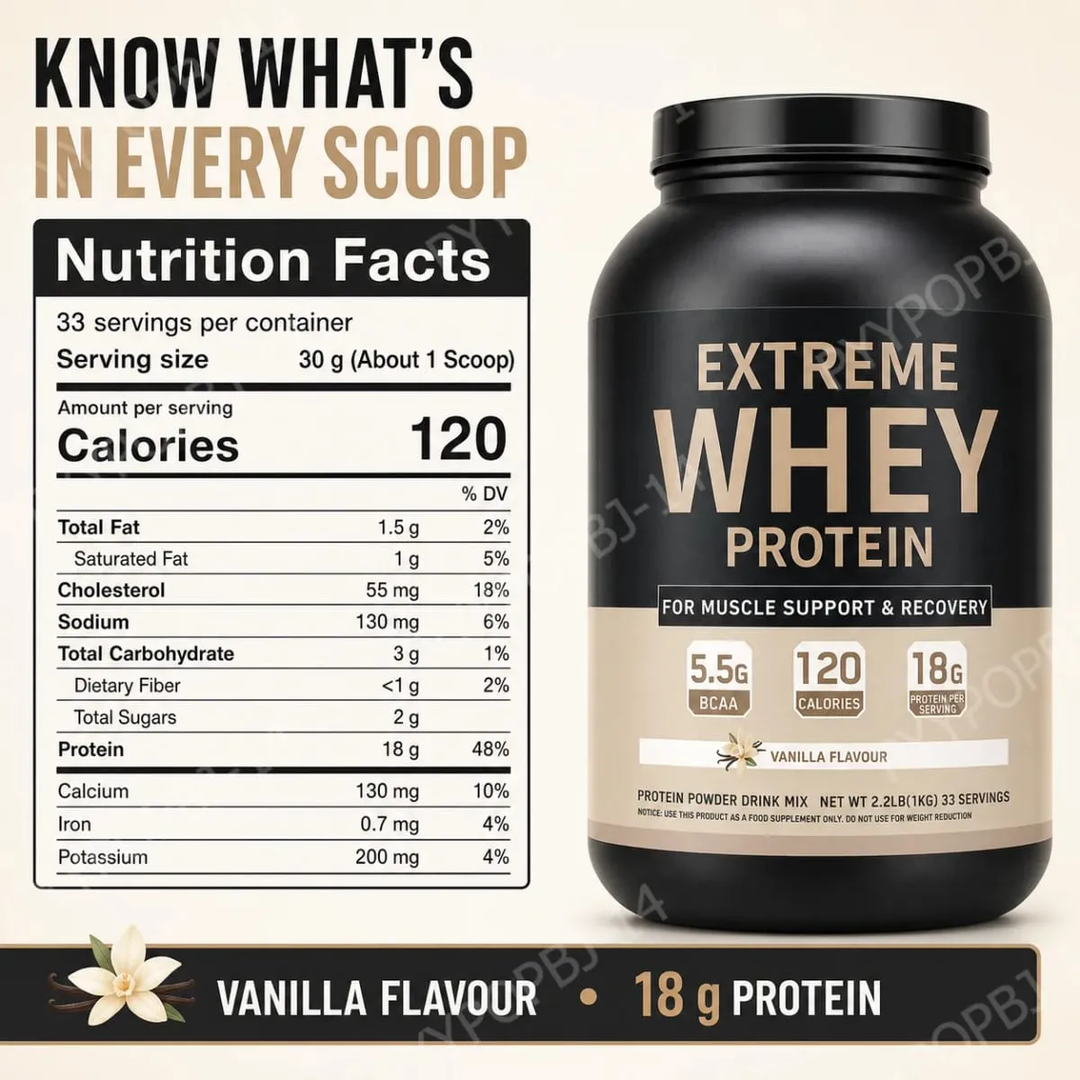 Whey Protein Powder 18g Protein 5.5g BCAA Vanilla Flavor for Muscle Support Recovery and Daily Sports Nutrition 33 Servings 1kg