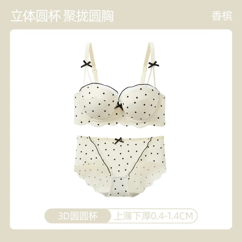 Ensemble Soutien-Gorge French Coquette à Pois Sans Armature Effet Push Up Pour Petite Poitrine Forme Pêche Confortable et Sexy