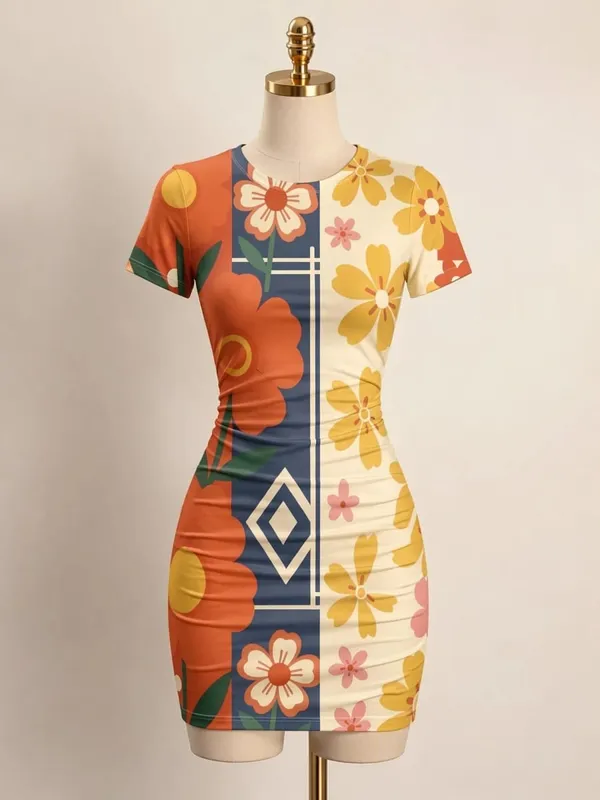Womens Short Sleeve Bodycon Mini Dress Slim Fit Crew Neck Floral Print Casual Summer Party Cute Elegant Summer Vacation Sundress