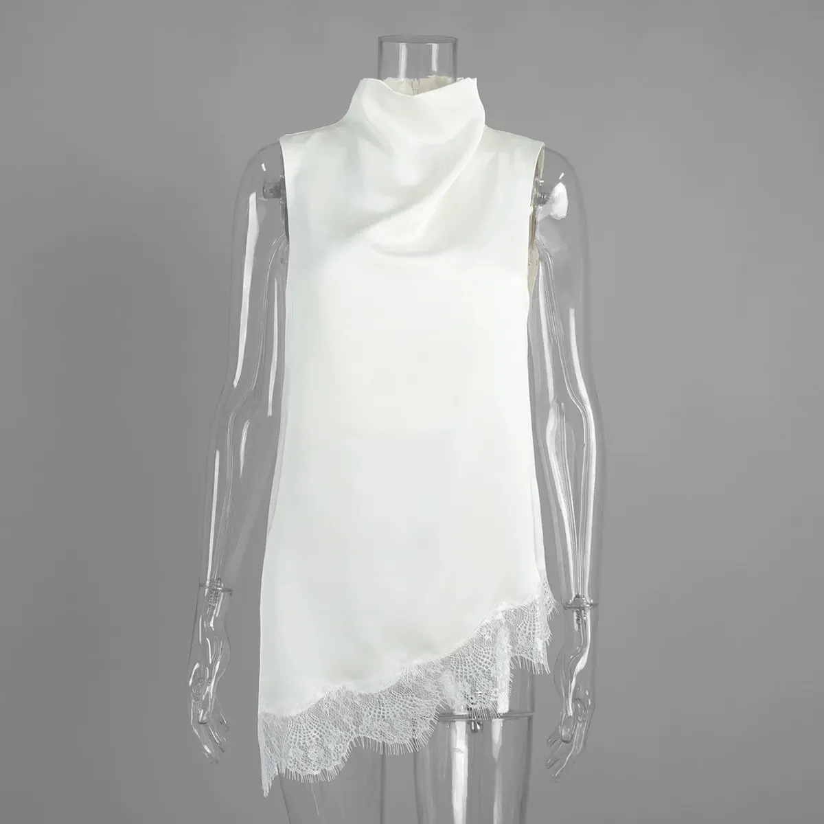 Women's Satin High Neck Lace Trim Sleeveless Tanks Summer Fashion Casual Irregular Silhouette Delicate Solid Color Tops