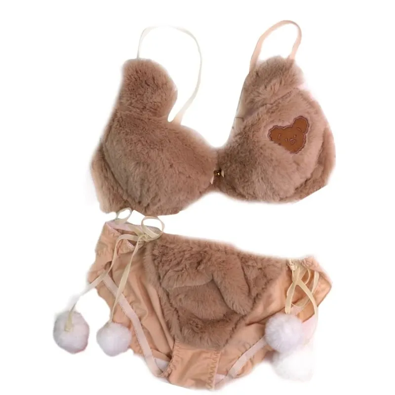 Womens Lolita Kawaii 2pcs Bra Panty Set Cute Bear Embroidery Fluffy Faux Fur Underwire Underwear Plush Ball Bow Japanese Anime L