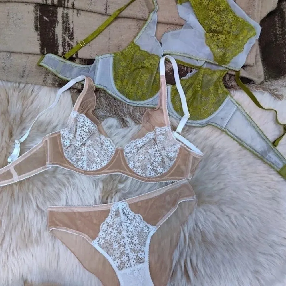 Sweet Mesh Lace Flower Bra Set Brassiere Lingerie Push Up Bra Women Seamless Thin Mesh Bra Panties Kit Girl