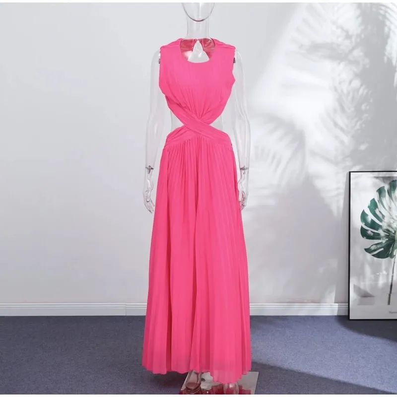 Hollow-out Pleated Maxi Dresses Women's Sleeveless Backless Waist-cinching O-neck Dress 2026 New Ladies Summer Vacation Outfit