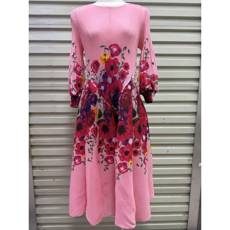 Miyake Plissee Kleider 2026 Herbst Neue Sanfte Französisch Druck Elegante Stretch Plus Größe frauen Langarm Bounce Blume Knospe kleid