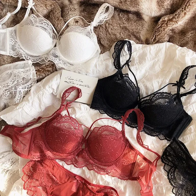 Lace ultra-thin big breasts bra with panties women sexy push up lingerie anti-sagging gathered laides underwear set