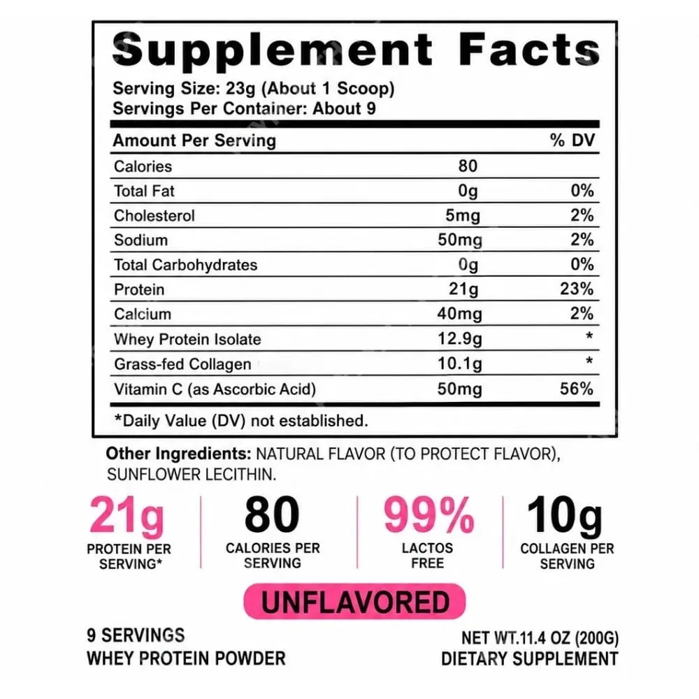 Collagen Whey Protein Powder Unflavored with Whey Isolate Collagen Peptides Vitamin C Daily Nutrition Support 200g