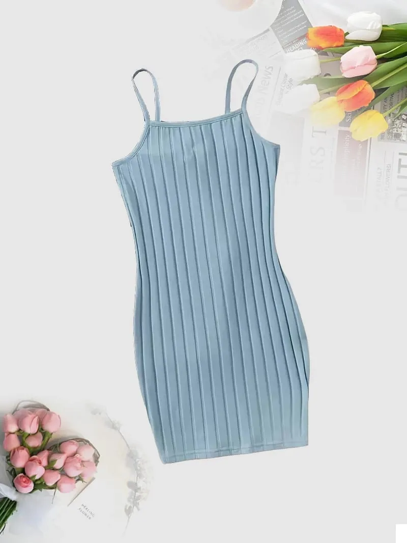 Kvinnor Ribbad Spaghetti Rem Klänning Ärmlös fyrkantig hals Slim Bodycon Kort Klänning Sommar Casual Basic Cami Klänning