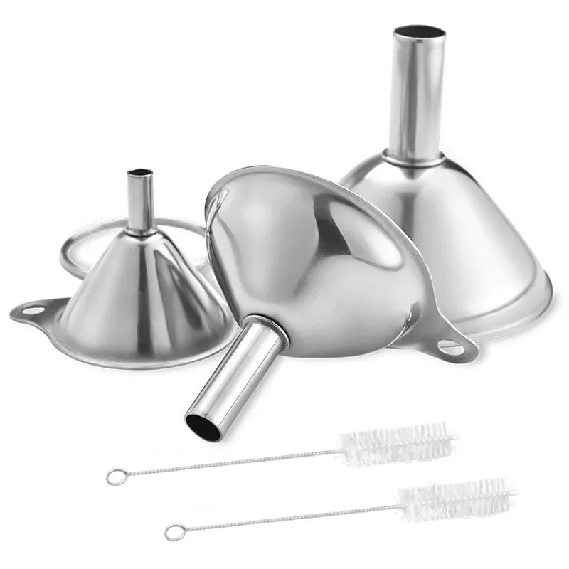 3PCS Stainless Steel Funnels Set Food Grade Metal Funnels with Cleaning Brush for Filling Bottles Kitchen Oil Liquid Filter Tool