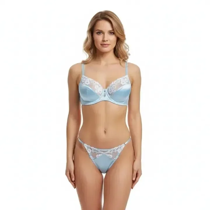 2 Piece Blue Satin Sexy Lingerie Set Women French Coquette Floral Embroidery Sheer Mesh Underwire No Padding Push Up Bra Thong