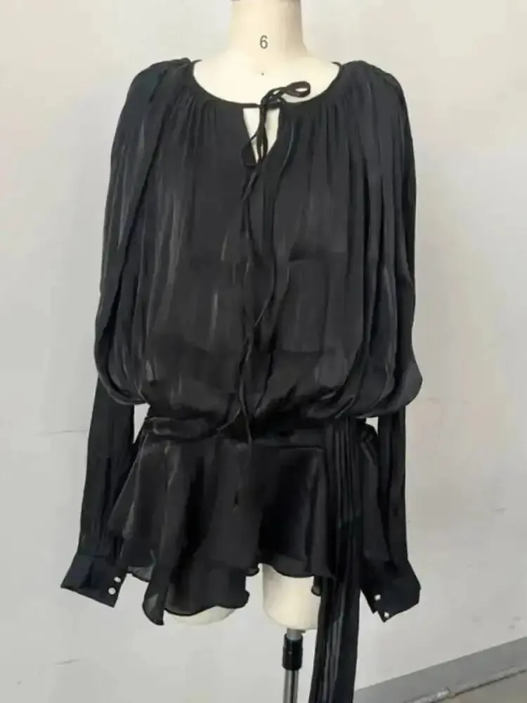 2026 New Summer Fashion Women Clothes Round Neck Lantern Sleeves Satin Short Dress With Shorts Under Two Pieces Set
