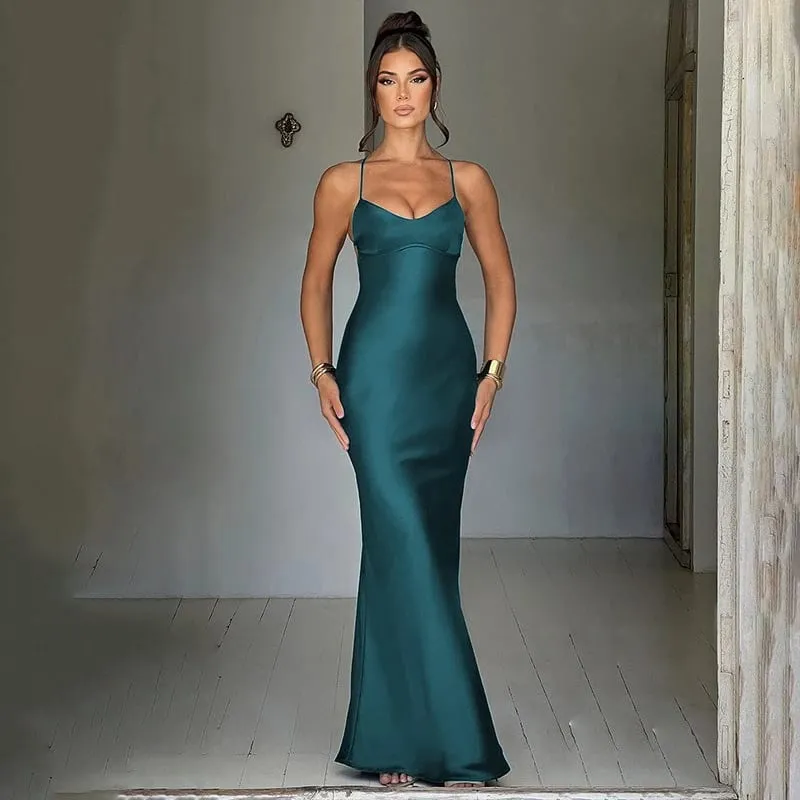 New Fashion Backless Women's Evening Dresses Slash Neck Spaghetti Strap Satin Dress Spring and Summer High Waist Slim Lady Dress