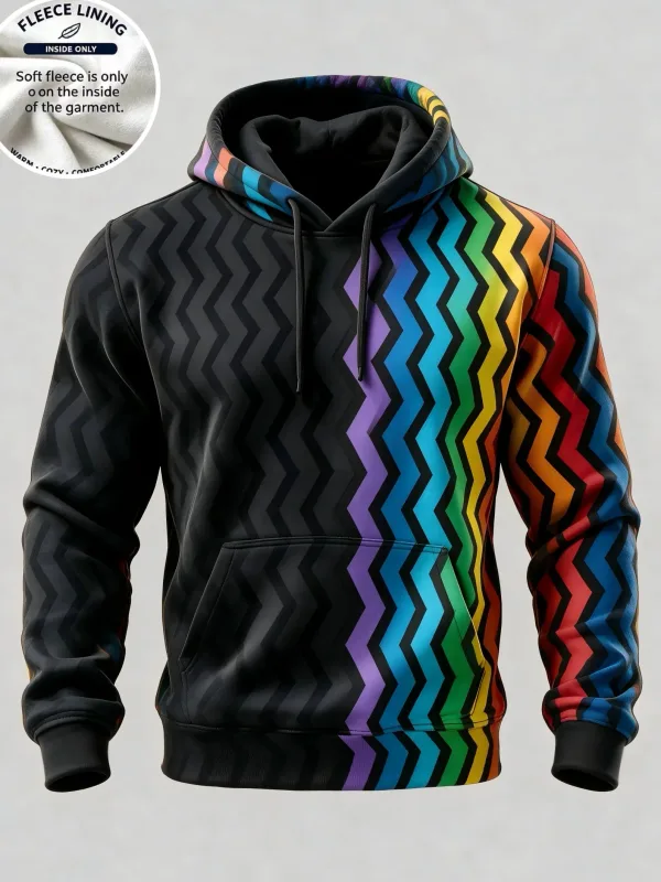 3D Printed Fleece Hoodie Rainbow Zigzag Wave Pattern Pullover Long Sleeve Kangaroo Pocket Casual Sweatshirt Tops