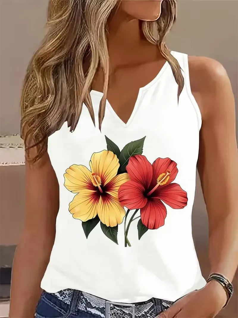 Graphic Flower Summer Sleeveless Tank Top T-shirt V Neck Harajuku Vest T Shirts Women Tee Shirt V-Neck Gothic Tops Tee