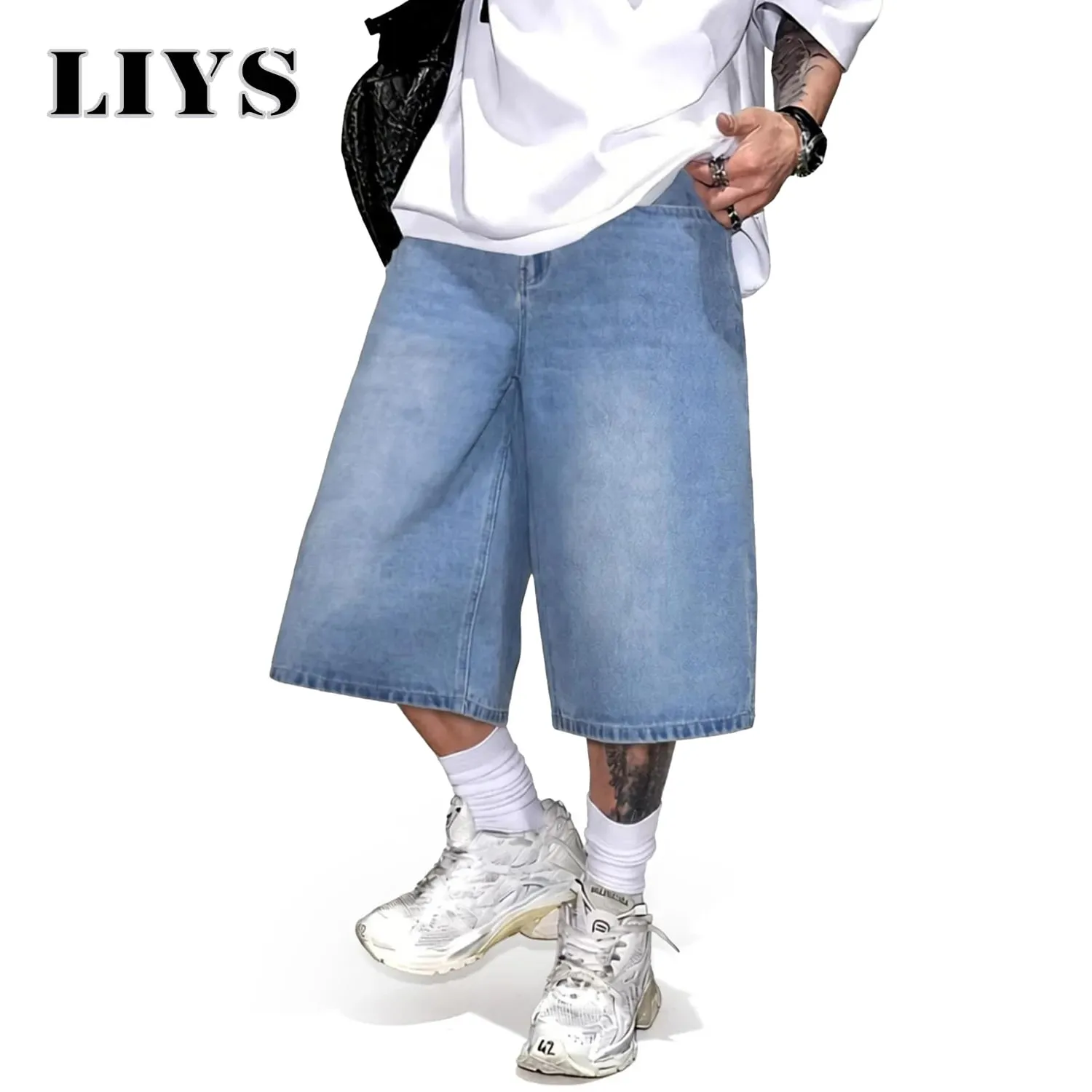 Men's Simple Light Blue Retro Ultra Baggy Wide-Leg Denim Shorts Student Youth Street Casual Oversized Baggy Jeans Unisex