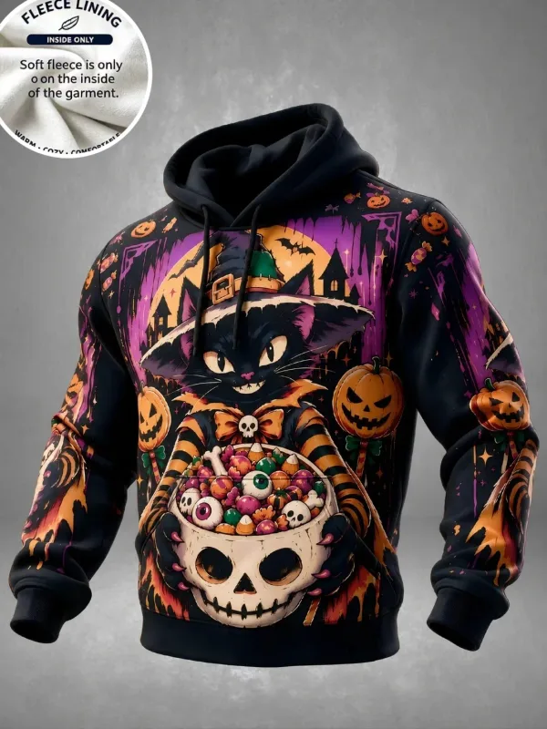 3D Print Halloween Fleece Hoodie Witch Black Cat Pumpkin Candy Skull Bowl Pullover Long Sleeve Kangaroo Pocket Sweatshirt