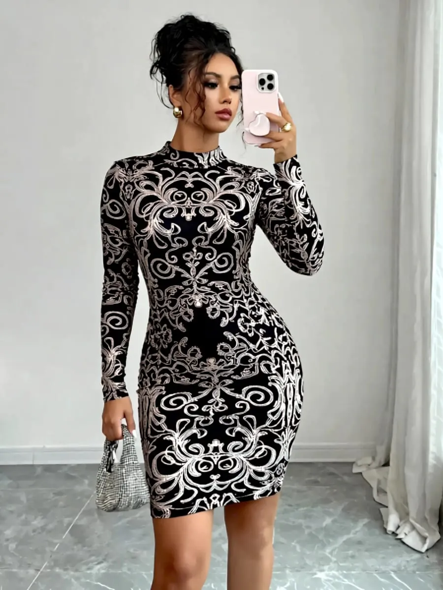 Women's Spring Summer Black Metallic Baroque Print Mock Neck Long Sleeve Bodycon Mini Party Dress