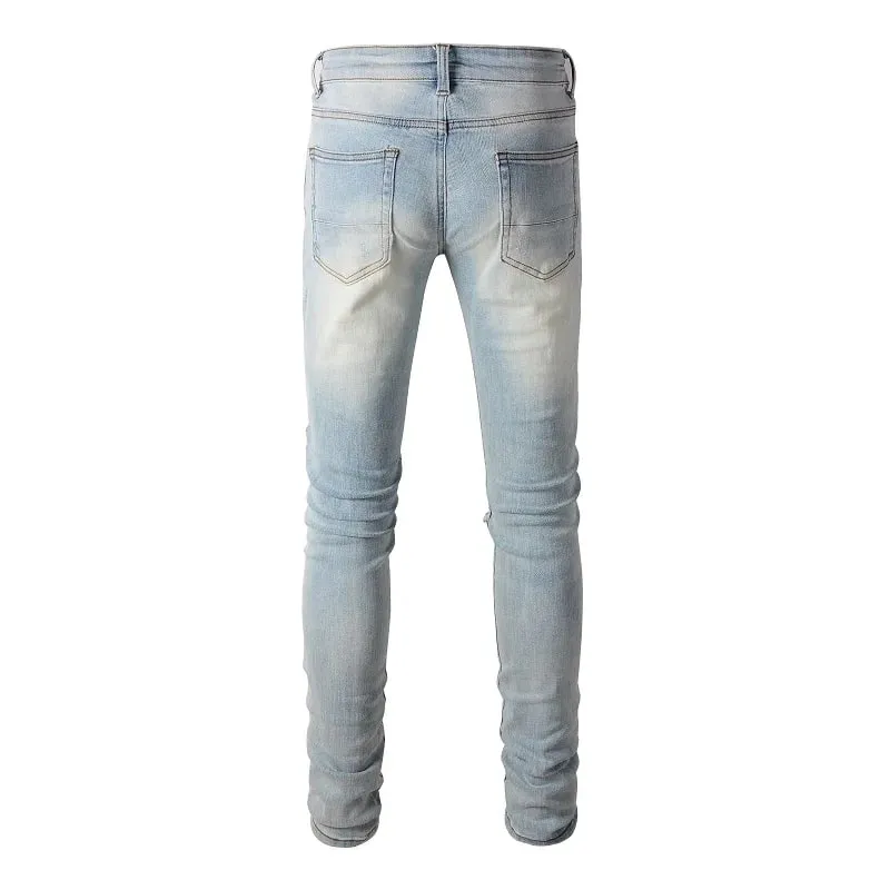 Jean en Denim extensible pour hommes, Patch craquelé, trous déchirés, pantalon Patchwork, Streetwear, bleu clair, pantalon fuselé slim — image 2