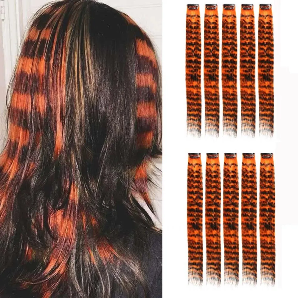 10pcs/set Stripe Printed Hair Colorful Long Straight Hair Pieces Synthetic Clip-in Hair Extensions for Daily Use Party Halloween