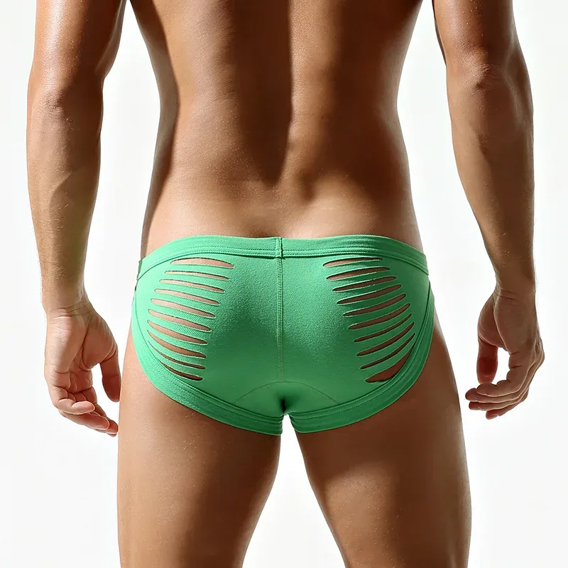 Sexy Men Open Butt Underwear Fashion Hollow Out Bikini Trunks Male Breathable Underpants Low Rise Bulge Pouch Panties Lingerie