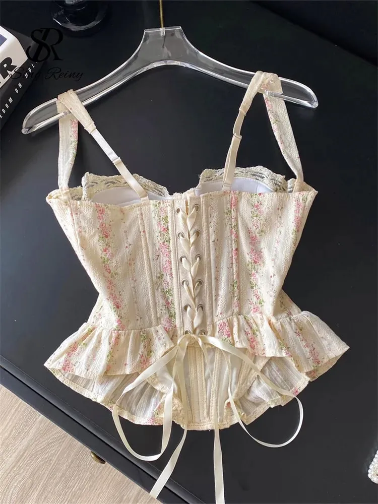 Elegant Lace Floral Bustier Women French Lace Up Splice Casual Daily Bodycon Tank Top Summer Print Vacation Corset Top