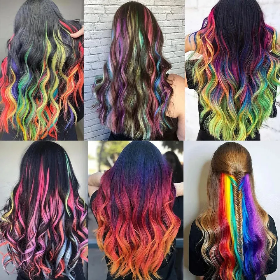Sambungan Rambut Sintetik Dengan Satu Klip Sekeping Rambut Pelangi Tahan Panas Untuk Kanak-kanak Wanita Rambut Berwarna-warni Gaya Beralun Kerinting Panjang