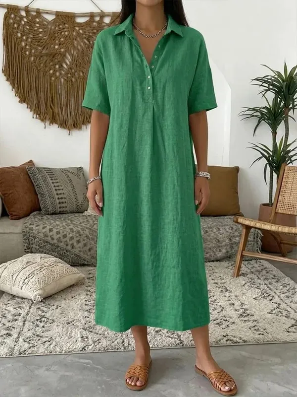 2026 Women's Spring and Summer New Casual Straight-Cut Comfortable Polo-Neck Linen Short-Sleeve Dress