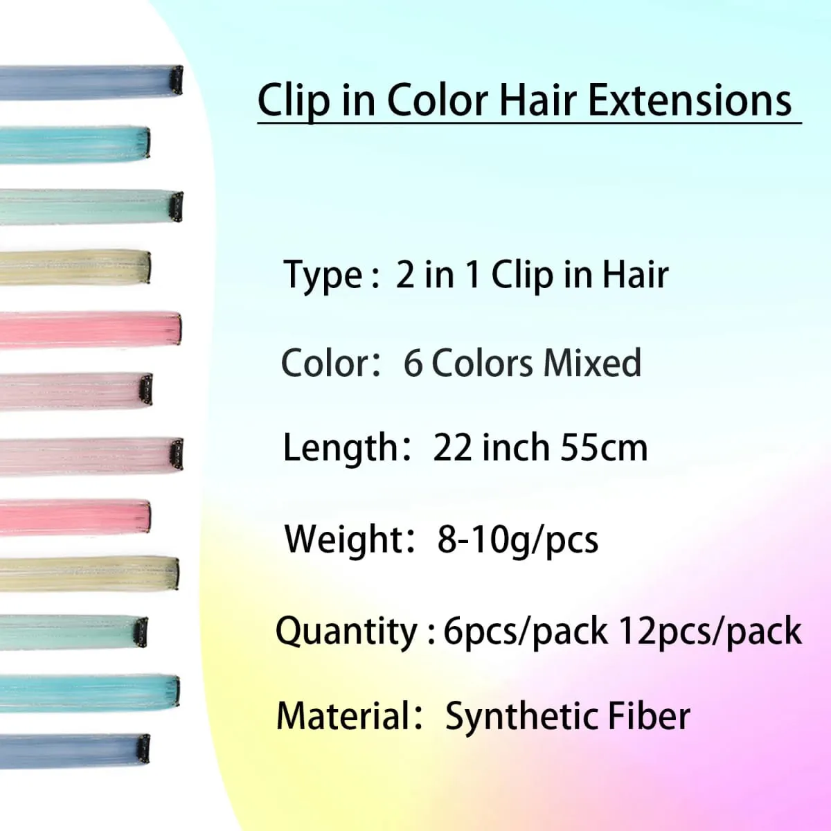 Multicolor Clip in Hair Extensions Mix tinsels Colored Hair Extensions 2 in 1 Rainbow Hair with Silver Tinsels for Kids Girls