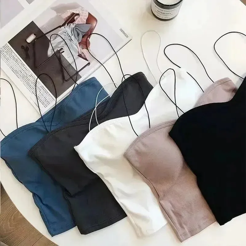 Atasan Vest Musim Panas Wanita Tanpa Lengan Kapas Atas Tiub Berbalut Tapak Rompi Atasan dengan Pad Payudara Atasan Anjal Lembut Yang Boleh Ditanggalkan Lancar