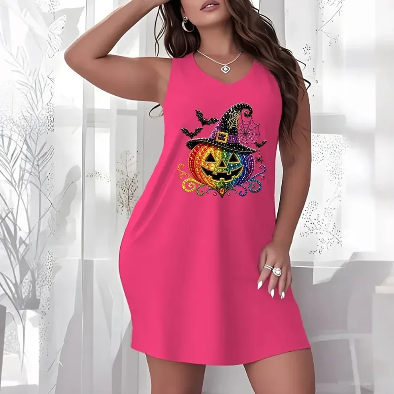 Halloween Theme Plus Size Women Sleeveless Tank Dress Spooky Cartoon Graphic Crew Neck Loose Dress Casual Holiday Party Dresses