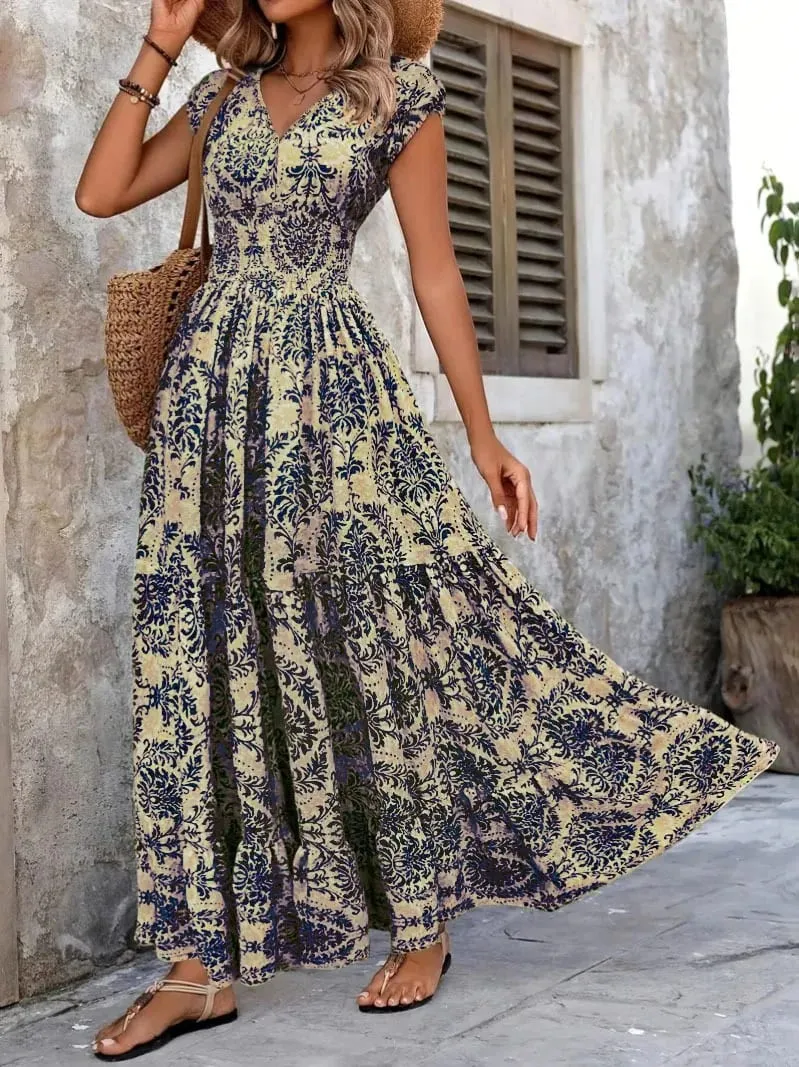 2026 Đầm In Hình Vintage Thời Trang Và Thanh Lịch Cổ Chữ V Tay Ngắn Jumpsuit Váy Dài Nữ